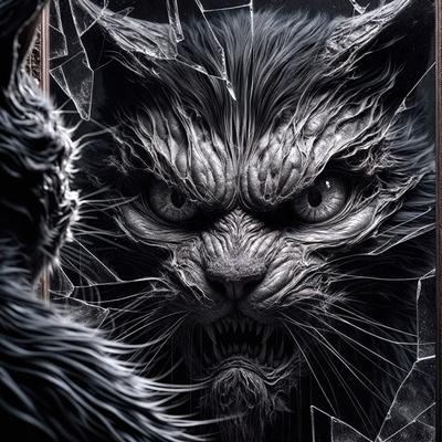 The primary subject of the image is a cat with a ferocious expression, likely a demon or a monster. The cat is staring at the viewer, creating a sense of intensity and danger. The setting is a room with a mirror, which reflects the cat's image, adding depth and complexity to the scene. The visual style is a combination of photo and digital art, as the cat's image is manipulated to create a more dramatic and menacing appearance. The colors and mood of the image are pre